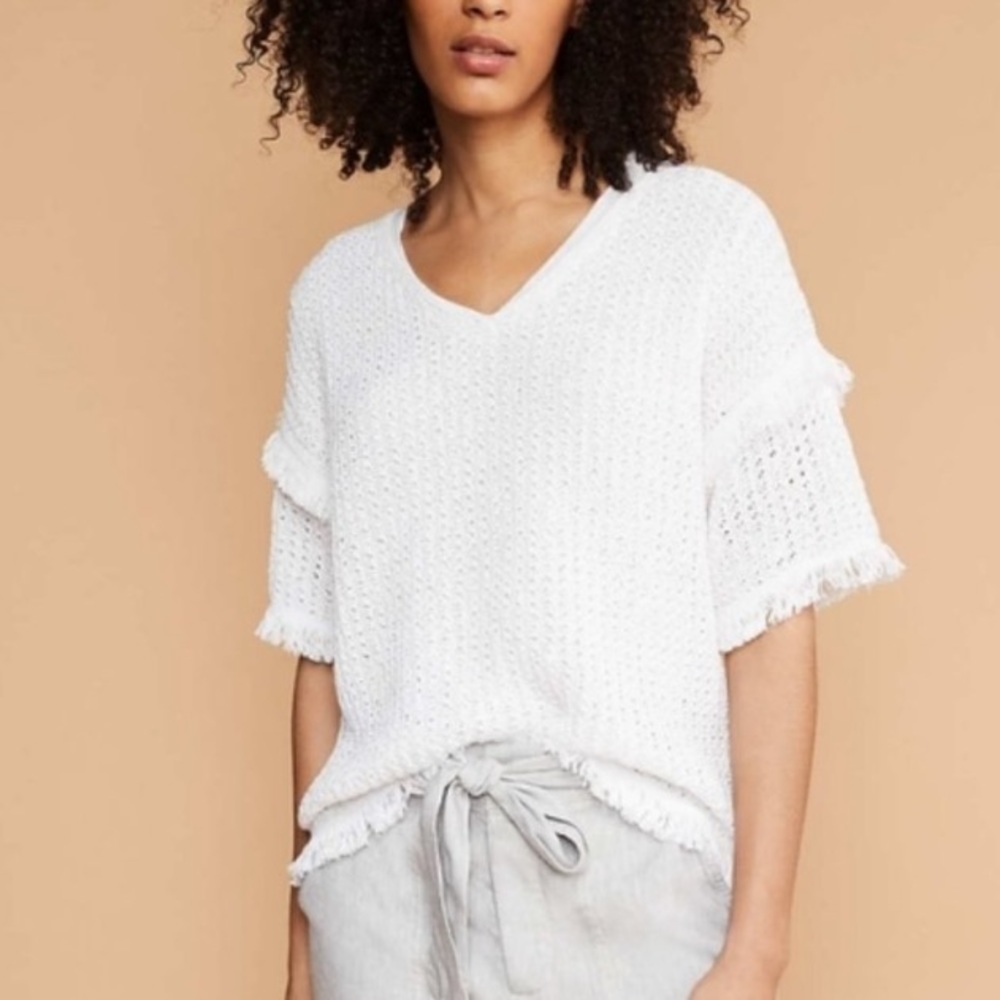 Lou & Grey open knit fringe hem sleeve short sleeve top Sz Small
